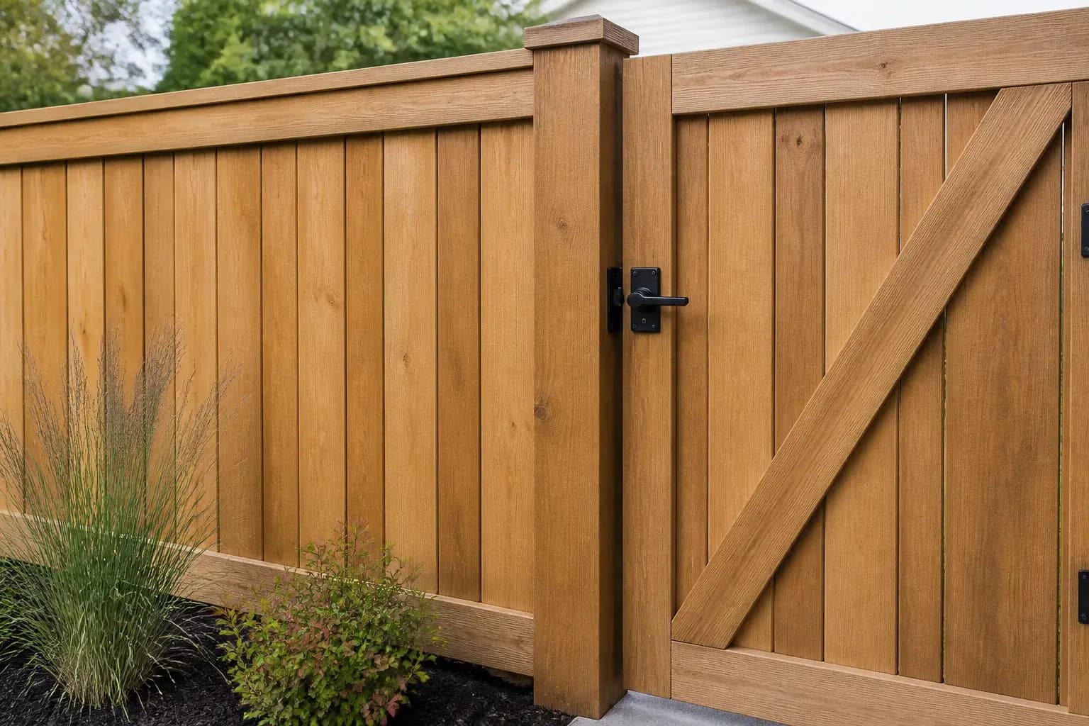 Close detail of a finished wood fence gate latch