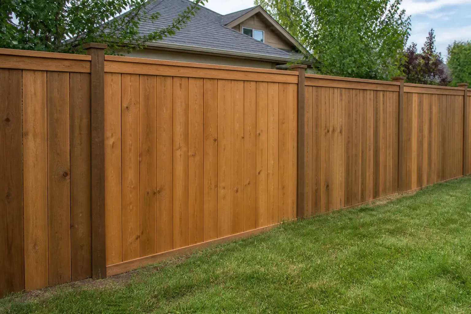 Repaired wood fence section blending into the fence line
