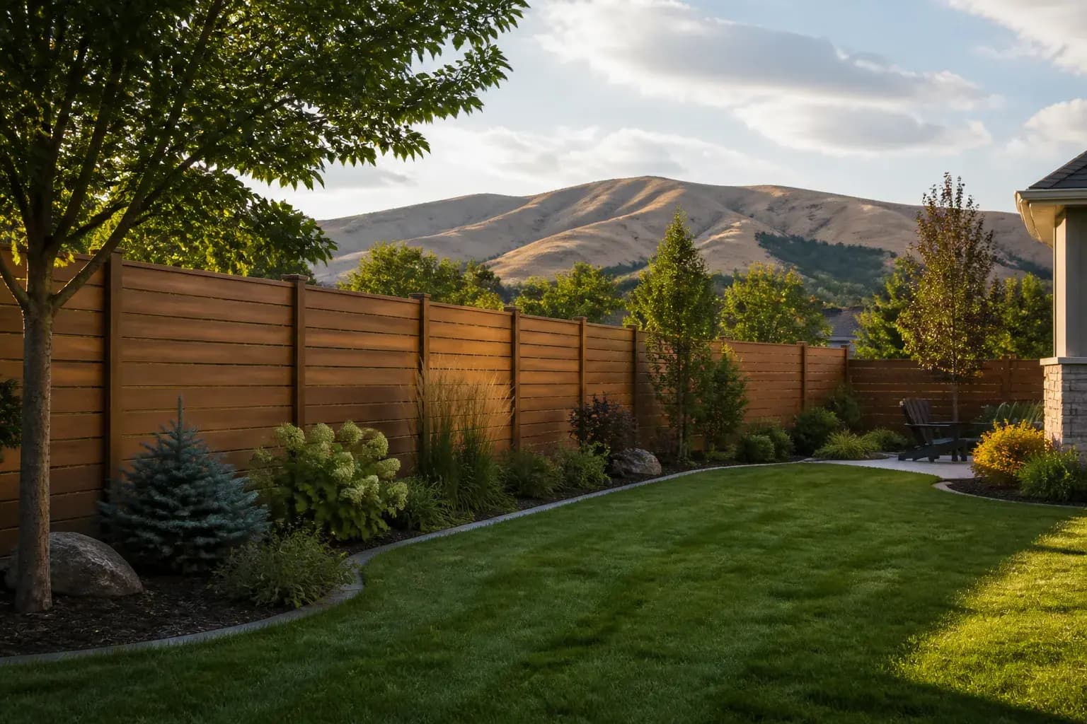Finished wood privacy fence in a Boise backyard