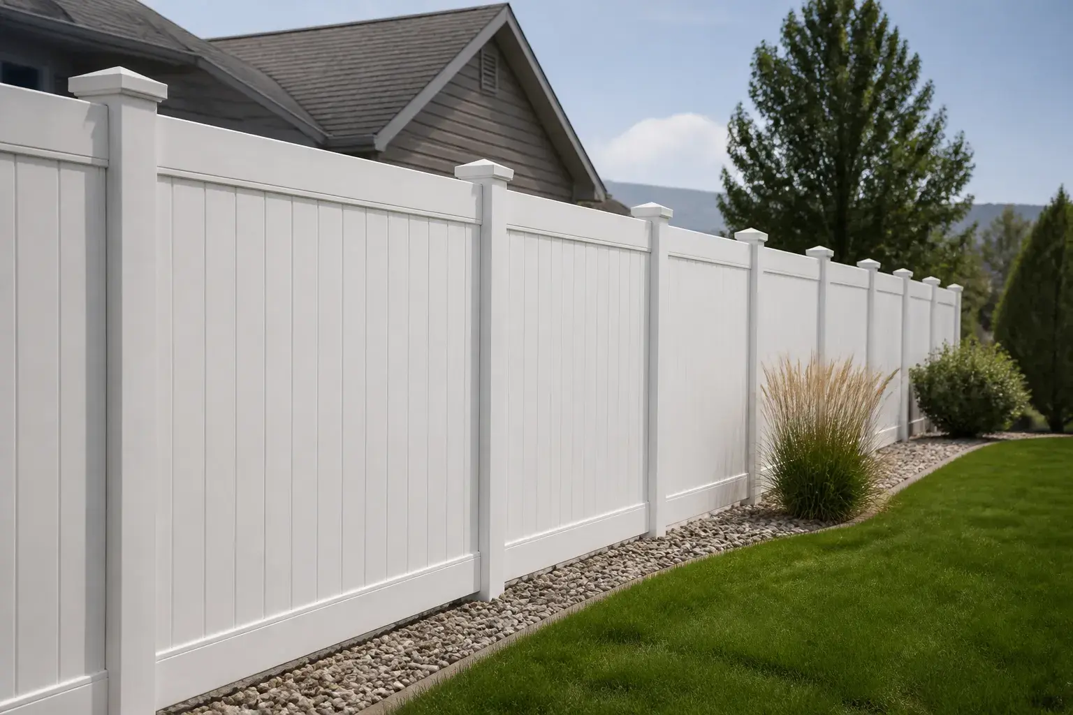 Clean white vinyl fence along a suburban lawn