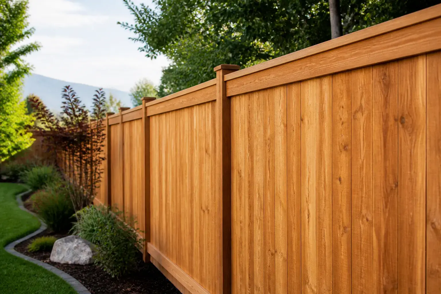 Finished cedar wood fence beside a landscaped yard